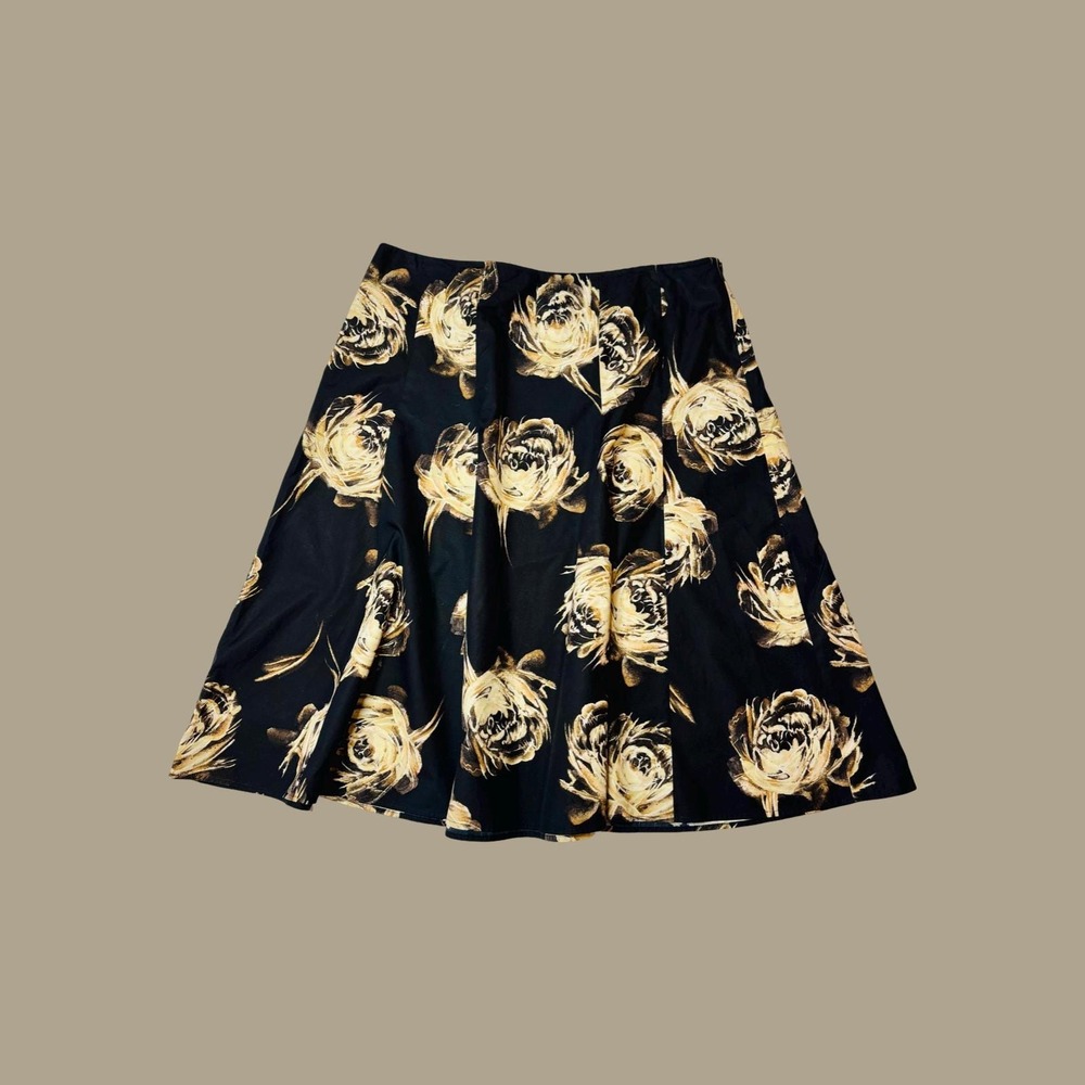 Vintage Black and Gold Cottage Rose A Line Poplin Cotton Midi Skirt, Size 10